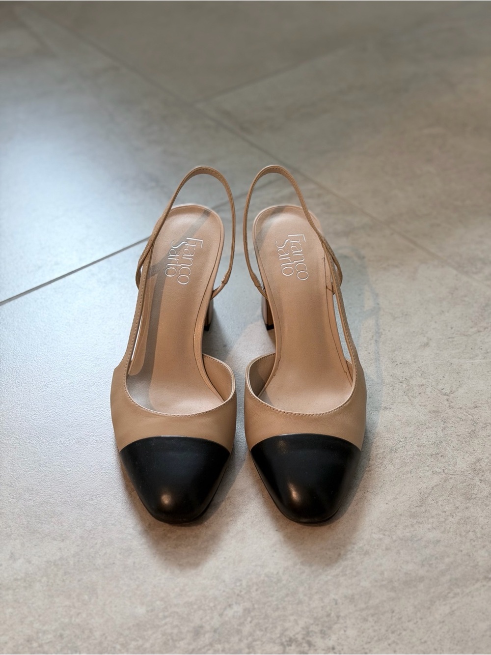 Franco Sarto Imogen Slingback Cap Toe Block Heel Pumps Nude Black Leather 7.5 - Picture 3 of 10